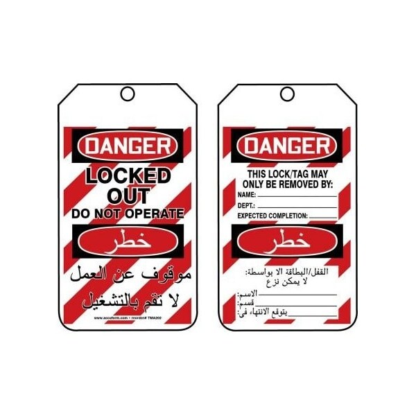 Accuform Safety Tags, DANGER LOCKED OUT DO NOT OPERATE BILINGUAL ARABIC, 5.75in x 3.25in, RP-Plastic, 5PK TMA202PTM - main